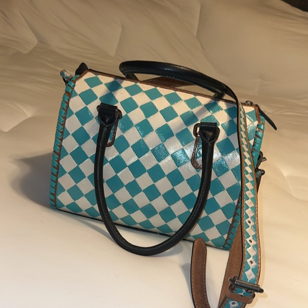 Speedy Teal & White Check Satchel Handbag - Women Bags